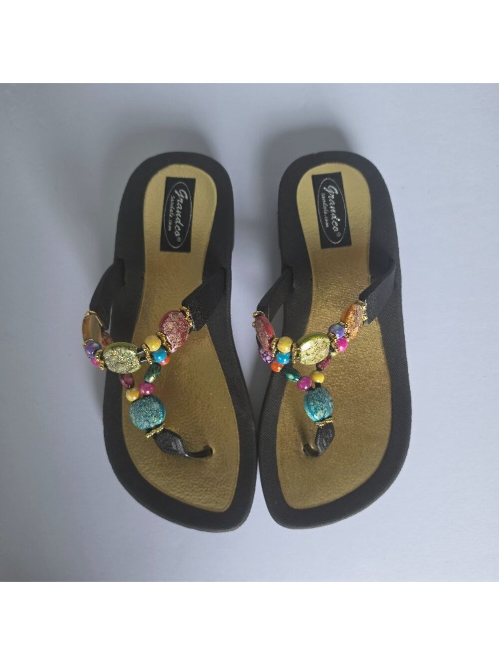 Grandco Beaded Flip Flop Sandals Colorful Boho Comfort Thong Sandals. Size 7